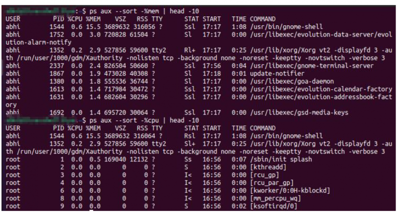 云服务器在Linux中CPU和内存使用前10的进程