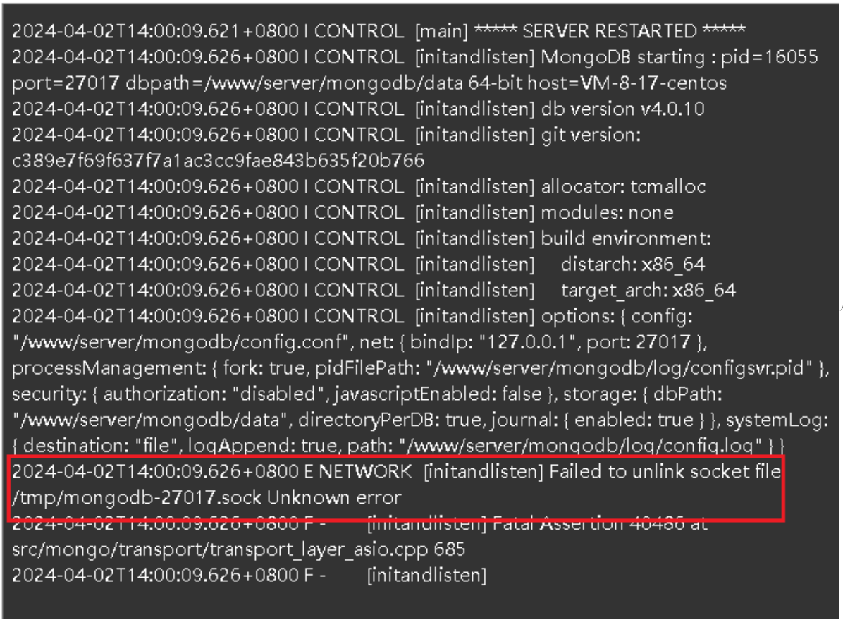 宝塔启动MongoDB遇Socket文件删除失败-小浪云